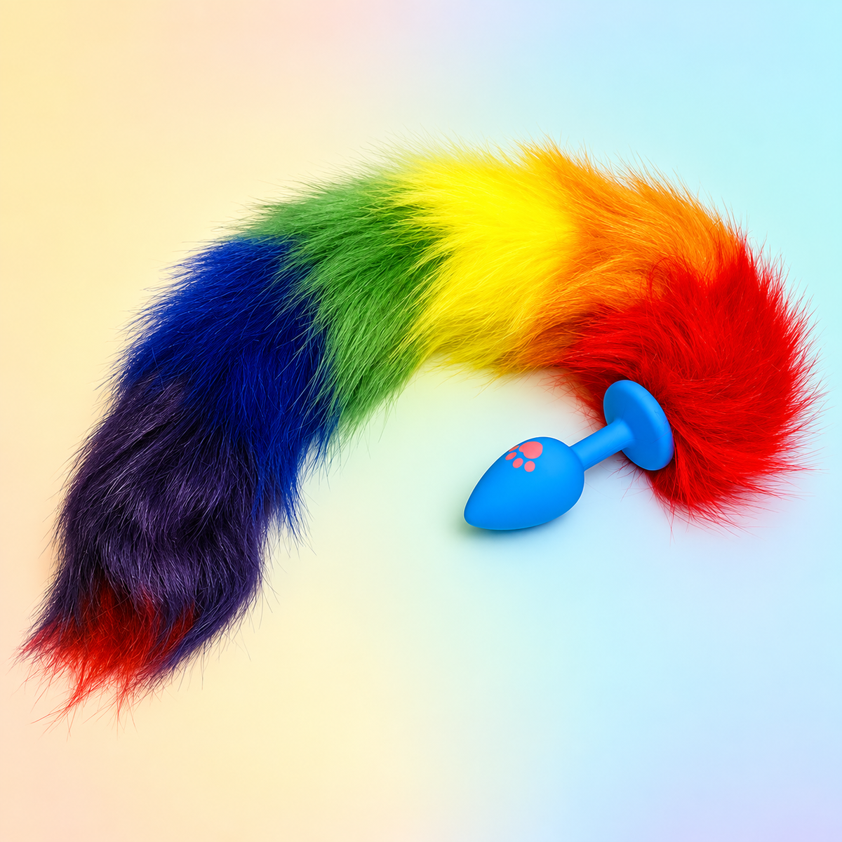 RAINBOW Fluffy Fox Tail with Blue Silicone Butt Plug
