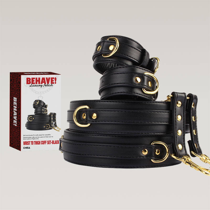 BEHAVE Black Deluxe Wrist to Thigh Cuff Bondage Set