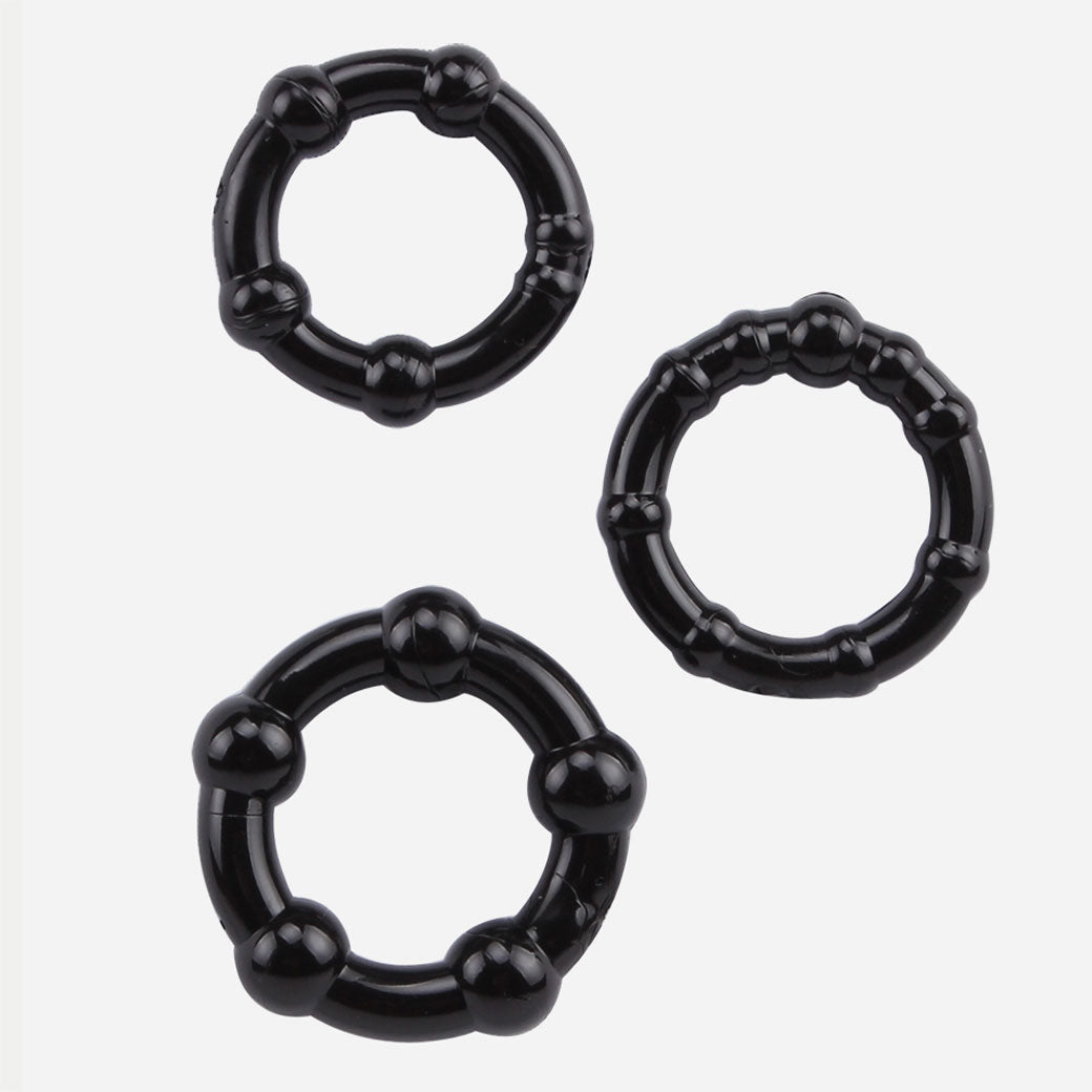 BEADED Black Stretchy Triple Cock Ring 3-Piece Set
