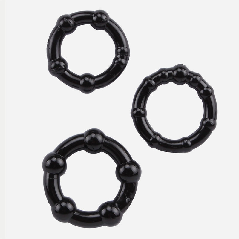 BEADED Black Stretchy Triple Cock Ring 3-Piece Set